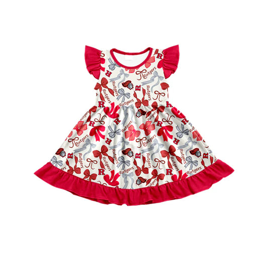 Preorder (moq 5) flutter sleeves R red bows girls team dress 8.22