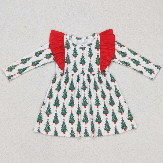 Baby Girls Dress Christmas Tree Ruffle Long Sleeve Knee Length Dresses GLD0377