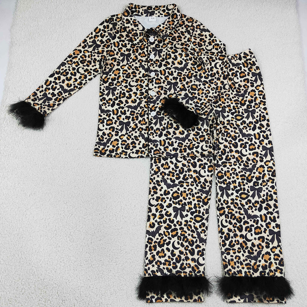 Adult Women Pajamas Leopard Bats Button Top Pant Fur Sleeves Halloween Pajamas Set GLP3639