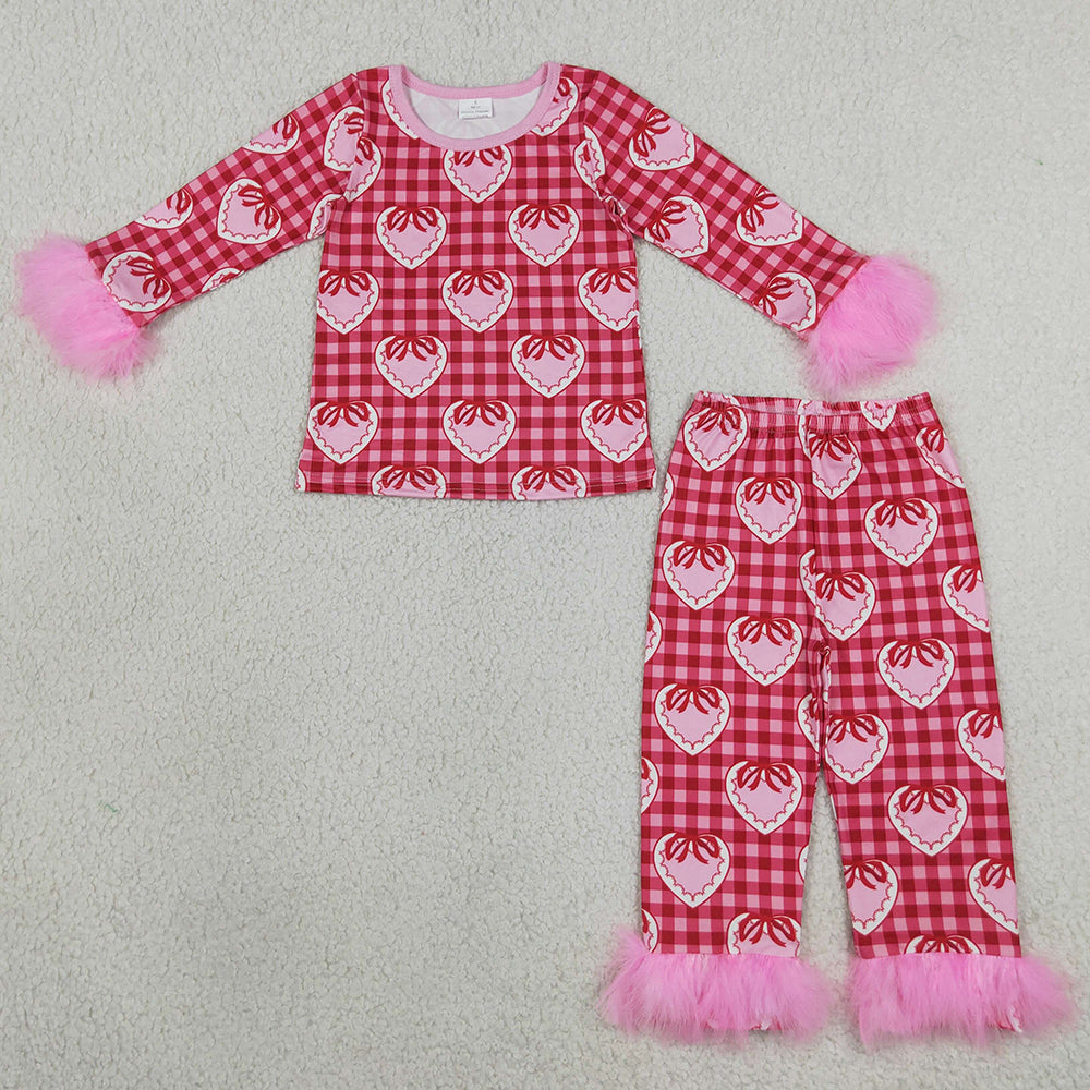 Baby Girls Pajamas Pink Checked Bow Hearts Top Pant Fur Sleeves Valentines Pajamas Sets GLP3669