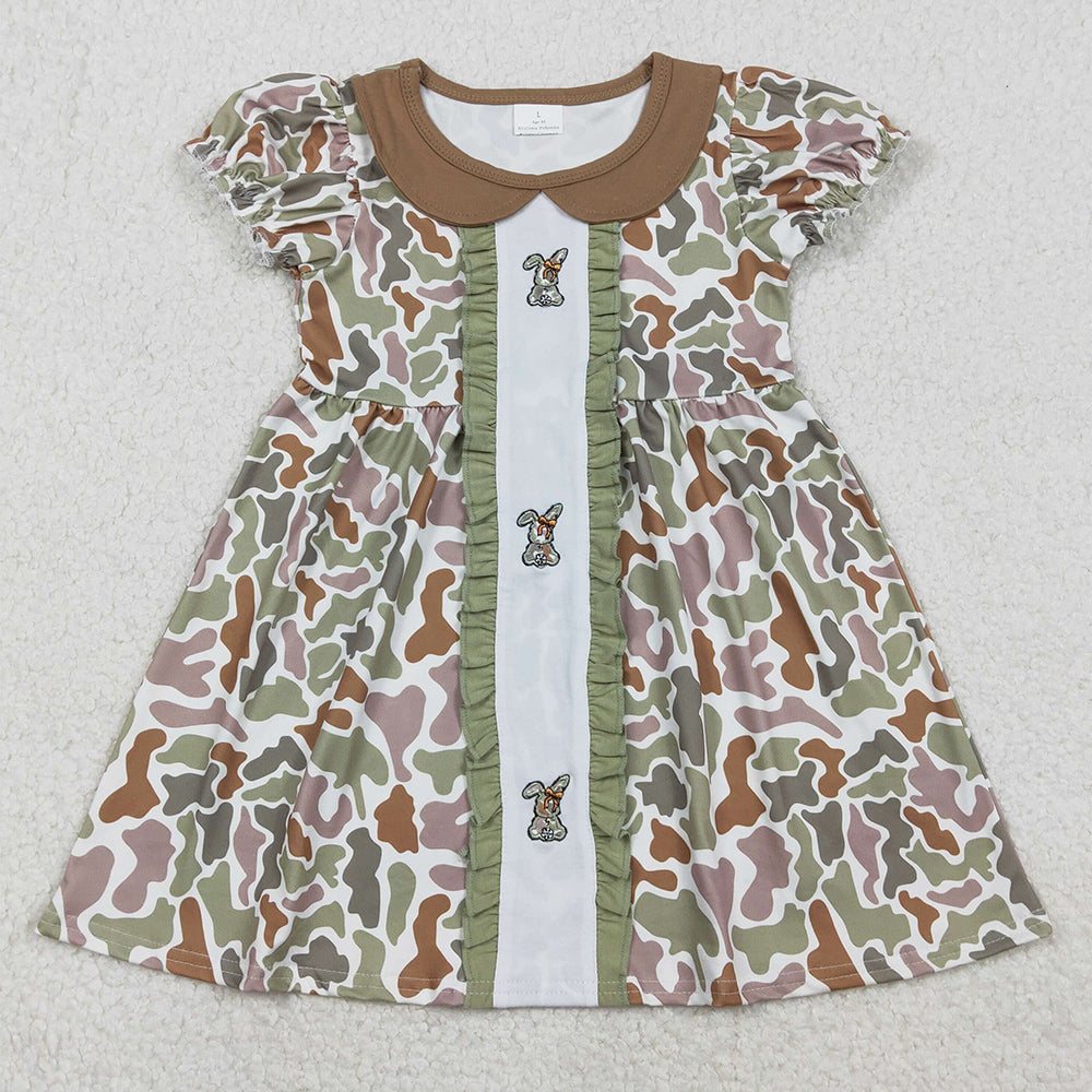 Baby Girls Dress Embroidery Rabbits Camo Bows Easter Collar Knee Length Dresses GSD2852 12.5