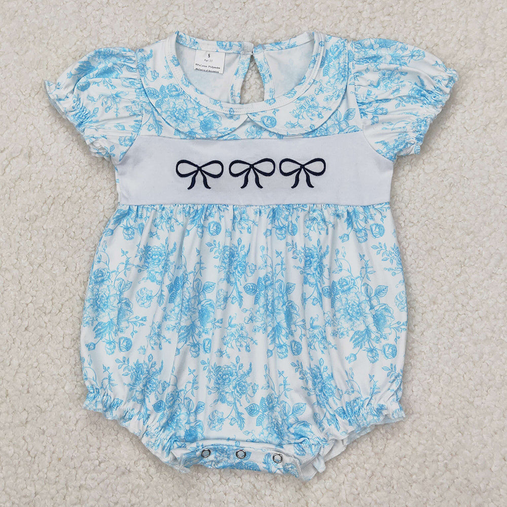 Baby Infant Girls Rompers Blue Flowers Bows Embroidery Rompers SR2784