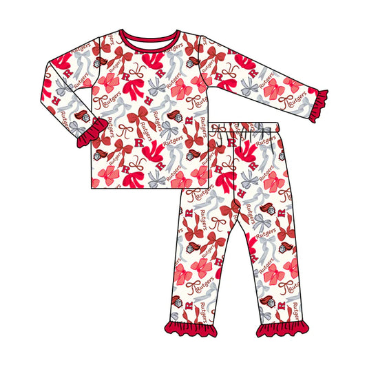 Preorder MOQ 5 Long sleeves R red yellow bow kids girls team pajamas 8.25