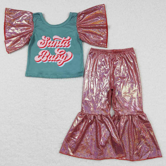 Baby Girls Clothes Christmas Santa Flutter Sleeve Shirt Sparkle Bell Pants Sets GSPO0832