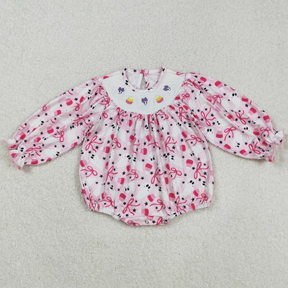 Baby Girls Smocked Rompers Halloween Pink Bows Ghosts Candy Ruffle Rompers LR2216 9.1