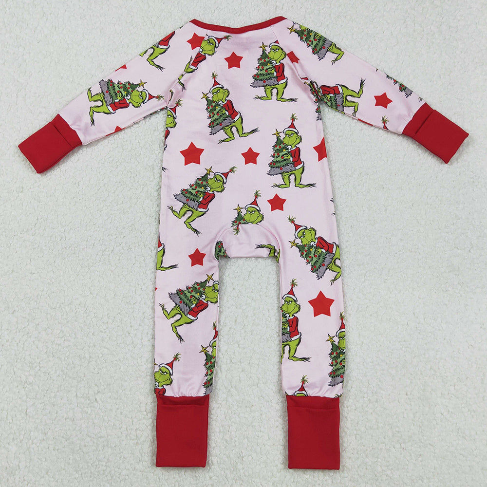 Baby Girls Rompers Green Faces Christmas Trees Ruffle Zipper Rompers LR2496 9.1