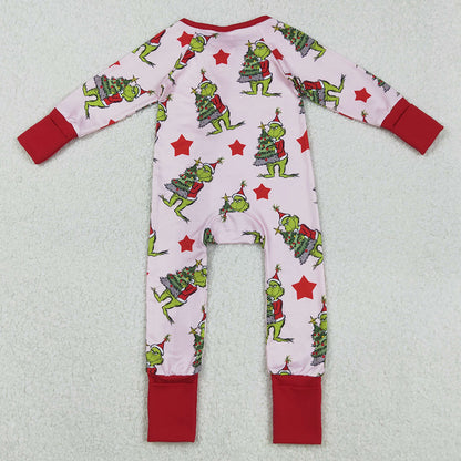 Baby Girls Rompers Green Faces Christmas Trees Ruffle Zipper Rompers LR2496 9.1