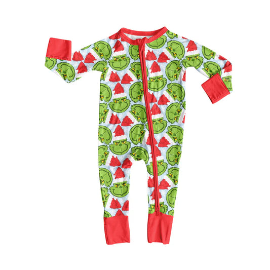 Preorder(moq 5)Baby Girls Green Face Plaid Christmas Zipper Footie Rompers 8.15