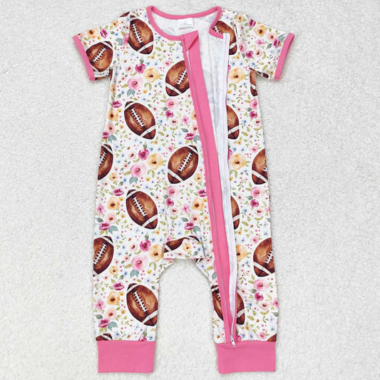 Baby Infant Girls Rompers Football Flowers Zip Short Sleeve Rompers SR1872