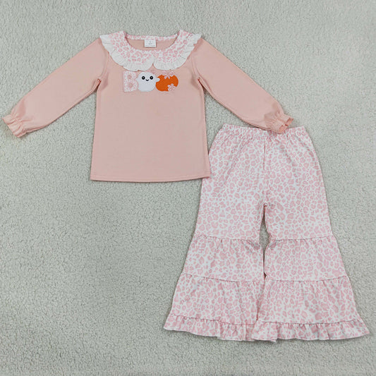 Baby Girls Clothes Embroidery Pumpkin Ghost BOO Top Leopard Bell Bottom Halloween Sets GLP3630
