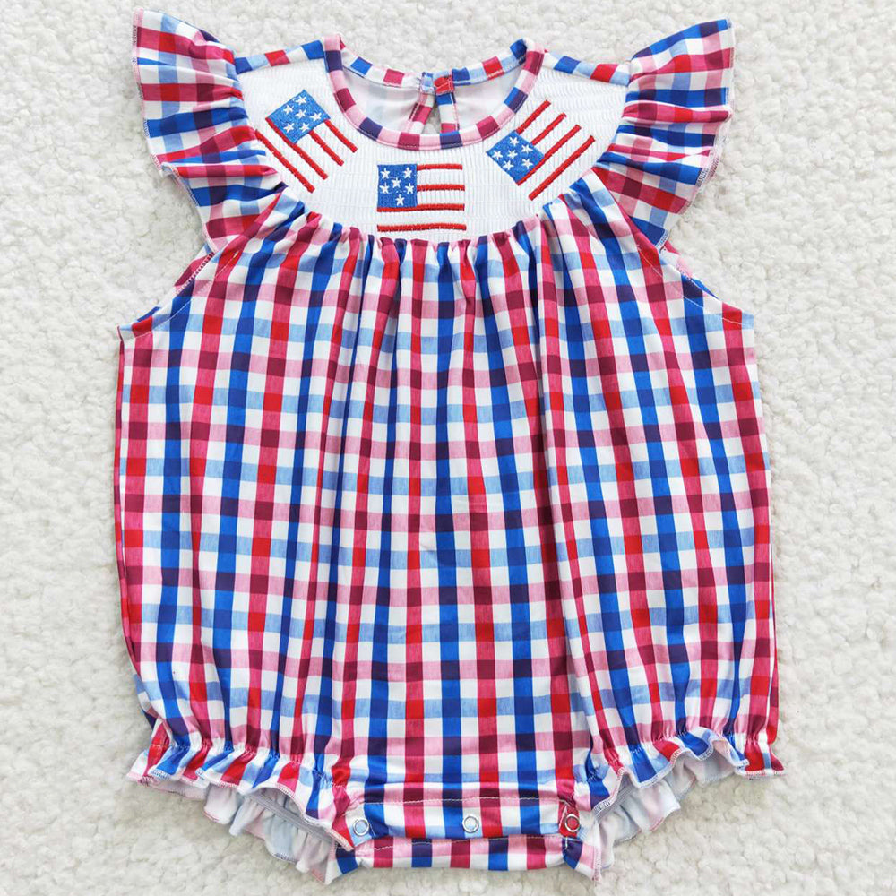 Baby Girls Rompers 4th Of July American Flag Gingham Smocked Romper SR0388