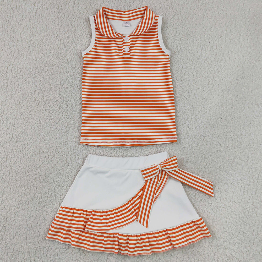 Baby Girls Clothes Orange Stripe Button Vest Ruffle Skirt Shorts Yoga Active Clothes Sets GSD3663