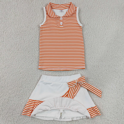 Baby Girls Clothes Orange Stripe Button Vest Ruffle Skirt Shorts Yoga Active Clothes Sets GSD3663