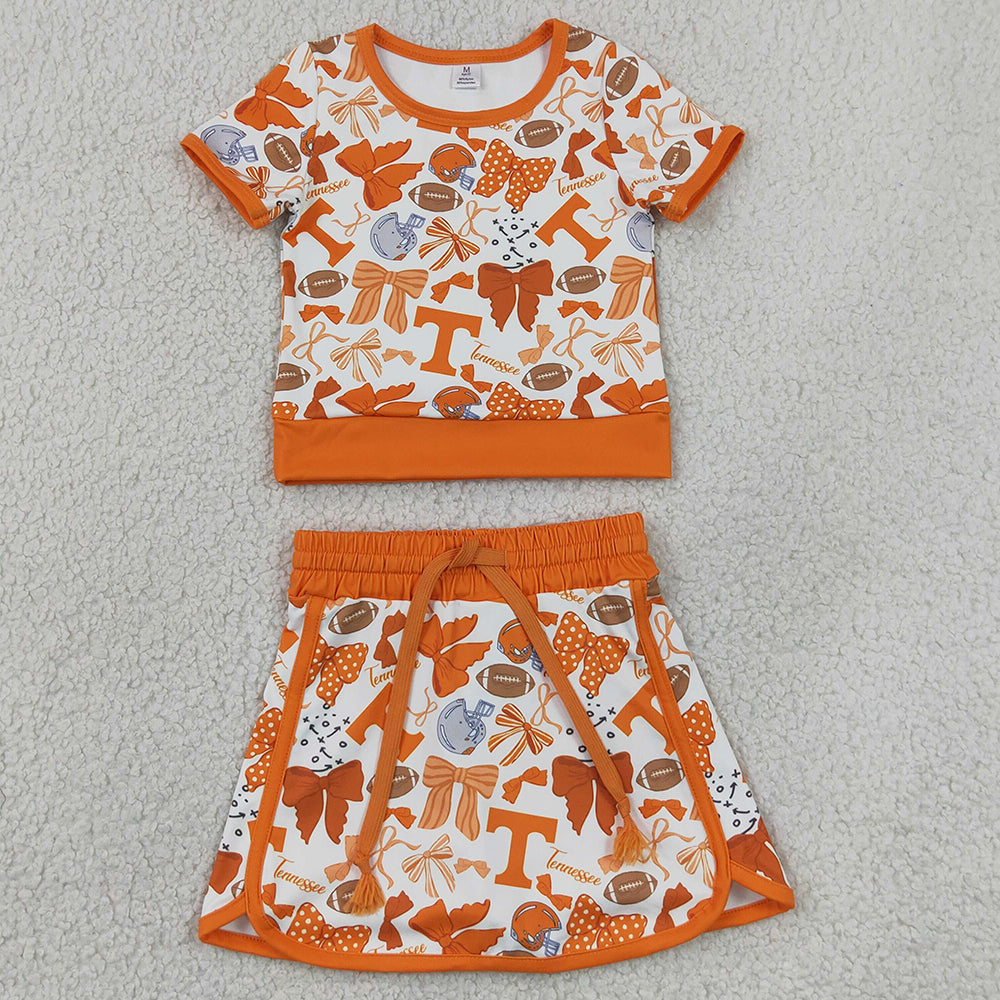 Baby Girls Clothes Orange Bows Footballs T Top Skirt Shorts Team Yoga Active Clothes Sets GSD4181