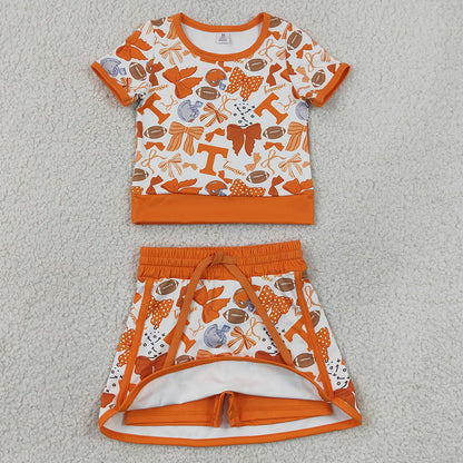 Baby Girls Clothes Orange Bows Footballs T Top Skirt Shorts Team Yoga Active Clothes Sets GSD4181
