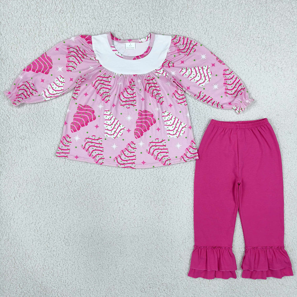 Baby Girls Pink Stripe Trees Tunic Ruffle Pants Christmas Clothes Sets GLP2502