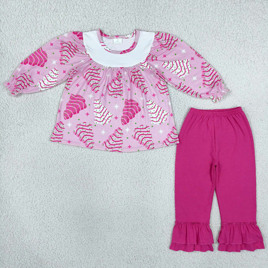 Baby Girls Pink Stripe Trees Tunic Ruffle Pants Christmas Clothes Sets GLP2502