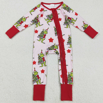 Baby Girls Rompers Green Faces Christmas Trees Ruffle Zipper Rompers LR2496 9.1
