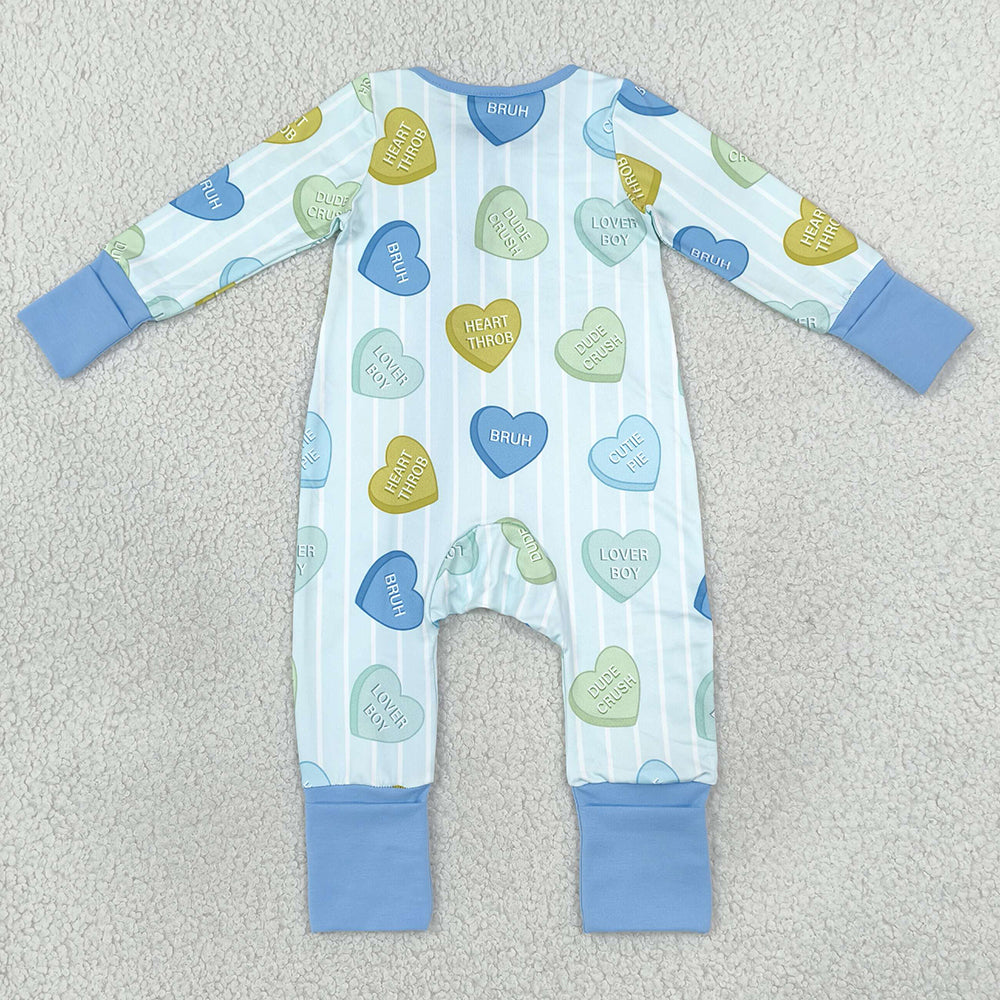 Baby Kids Rompers Blue Stripe LOVE YOU Hearts Valentines Two Way Zip Convertible Rompers LR3326