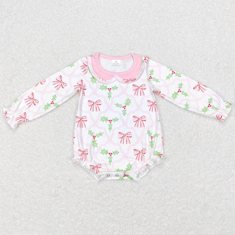 Christmas Baby Girls Rompers Pink Bows Long Sleeve Rompers