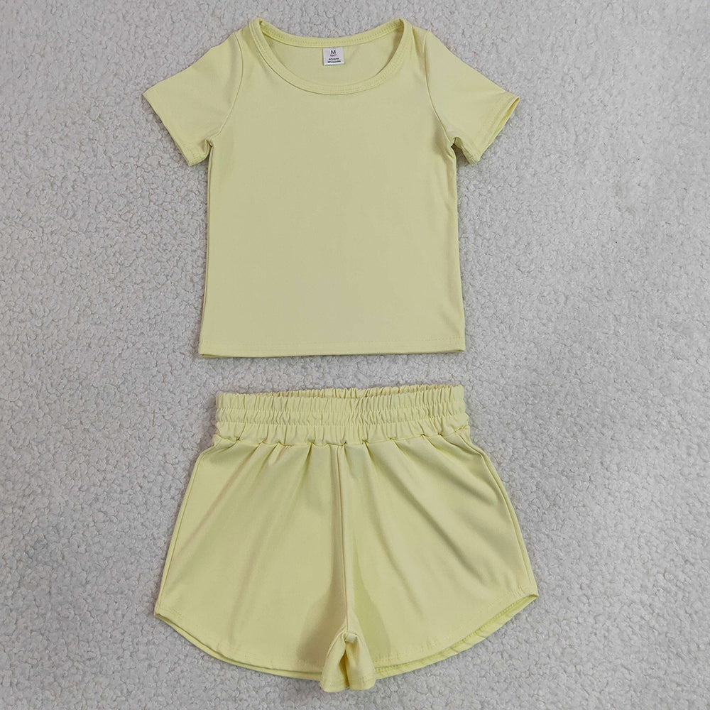 Baby Girls Clothes Light Yellow Short Sleeve Top Sport Short Yoga Active Clothes Sets GSSO3763