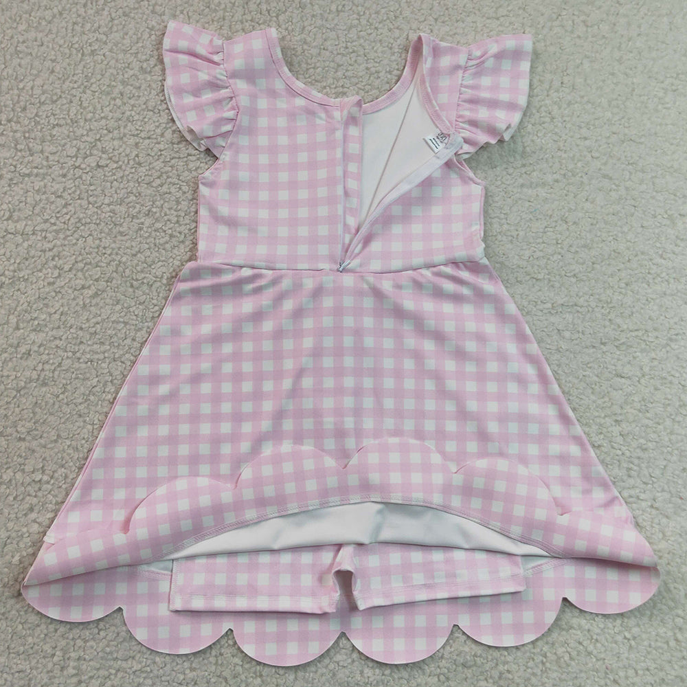 Baby Girls Dress Pink Checked Yoga Active Short Scallop Knee Length Dresses GSD3796