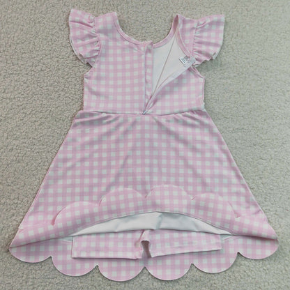 Baby Girls Dress Pink Checked Yoga Active Short Scallop Knee Length Dresses GSD3796