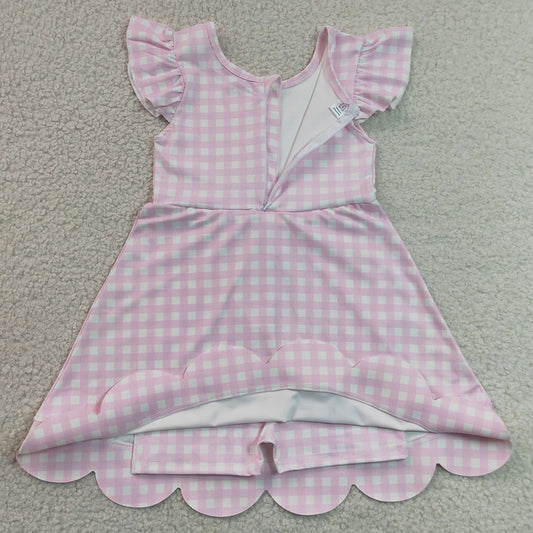 Baby Girls Dress Pink Checked Yoga Active Short Scallop Knee Length Dresses GSD3796