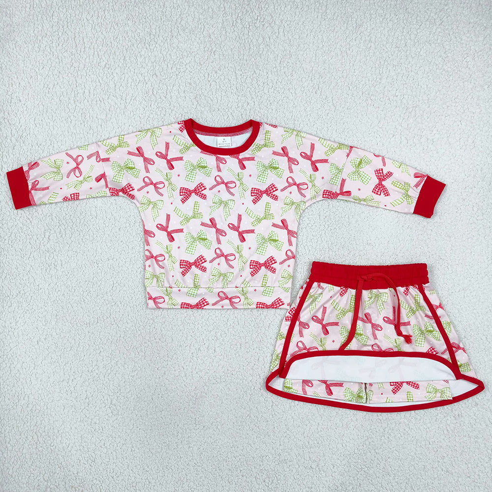 Baby Girls Red Green Bows Long Sleeve Top Skirt Short Clothes Sets GLD1774