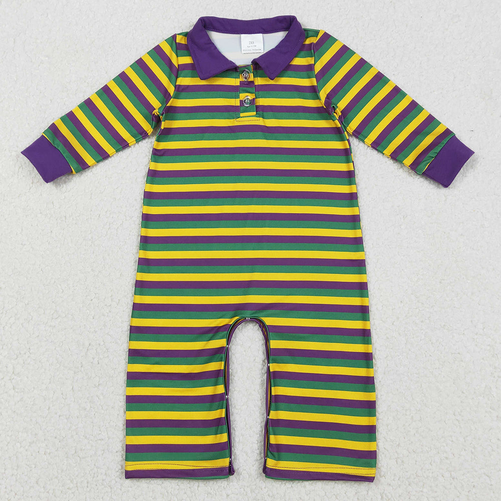 Baby Boys Romper Purple Yellow Green Stripe Button Mardigras Button Footie Romper LR2679 12.10