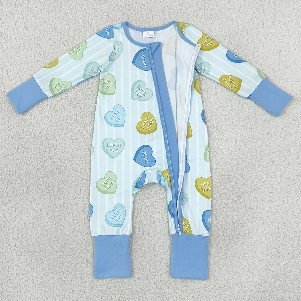 Baby Kids Rompers Blue Stripe LOVE YOU Hearts Valentines Two Way Zip Convertible Rompers LR3326