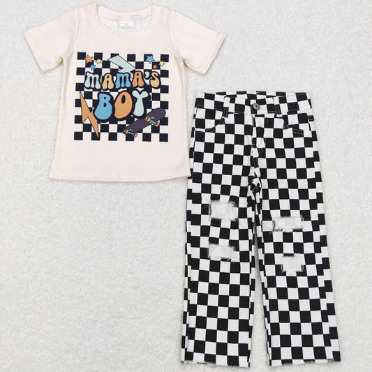 Baby Boys Clothes Jeans Pants Sets Mama's Boy Black Checkered Denim Pants Outfits