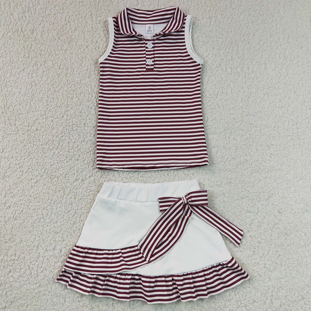Baby Girls Clothes Maroon Stripe Button Tops Ruffle Skirt Shorts Yoga Active Clothes Sets GSD3662