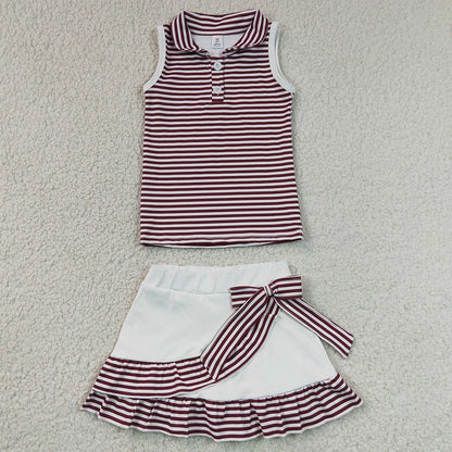 Baby Girls Clothes Maroon Stripe Button Tops Ruffle Skirt Shorts Yoga Active Clothes Sets GSD3662