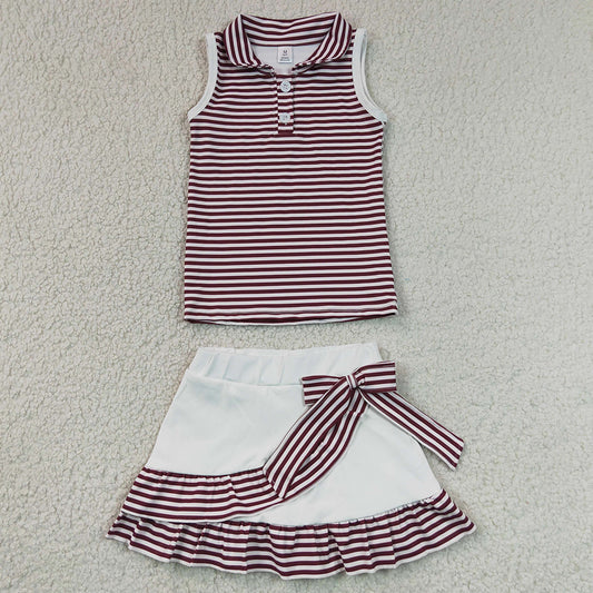 Baby Girls Clothes Maroon Stripe Button Tops Ruffle Skirt Shorts Yoga Active Clothes Sets GSD3662