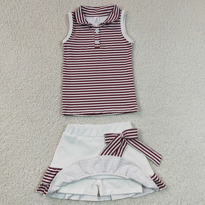 Baby Girls Clothes Maroon Stripe Button Tops Ruffle Skirt Shorts Yoga Active Clothes Sets GSD3662