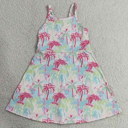 Baby Girls Dress Strap Watercolor Beach Yoga Active Shorts Knee Length Dresses GSD3708