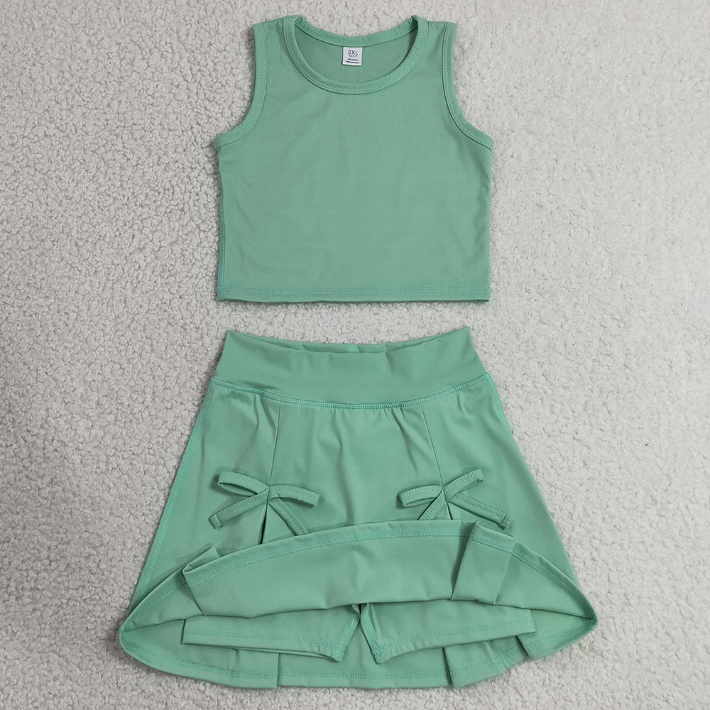 Baby Girls Clothes Green Vest Top Bows Skirt Shorts Yoga Active Clothes Set GSD3760