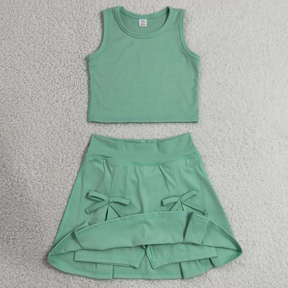 Baby Girls Clothes Green Vest Top Bows Skirt Shorts Yoga Active Clothes Set GSD3760