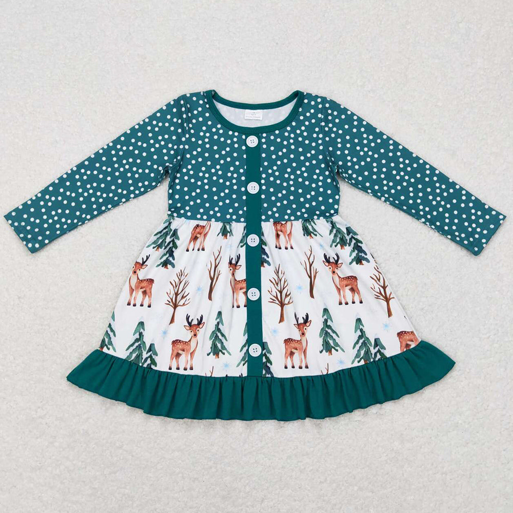 Baby Girls Dress Christmas Tree Deer Long Sleeve Ruffle Dresses GLD0429