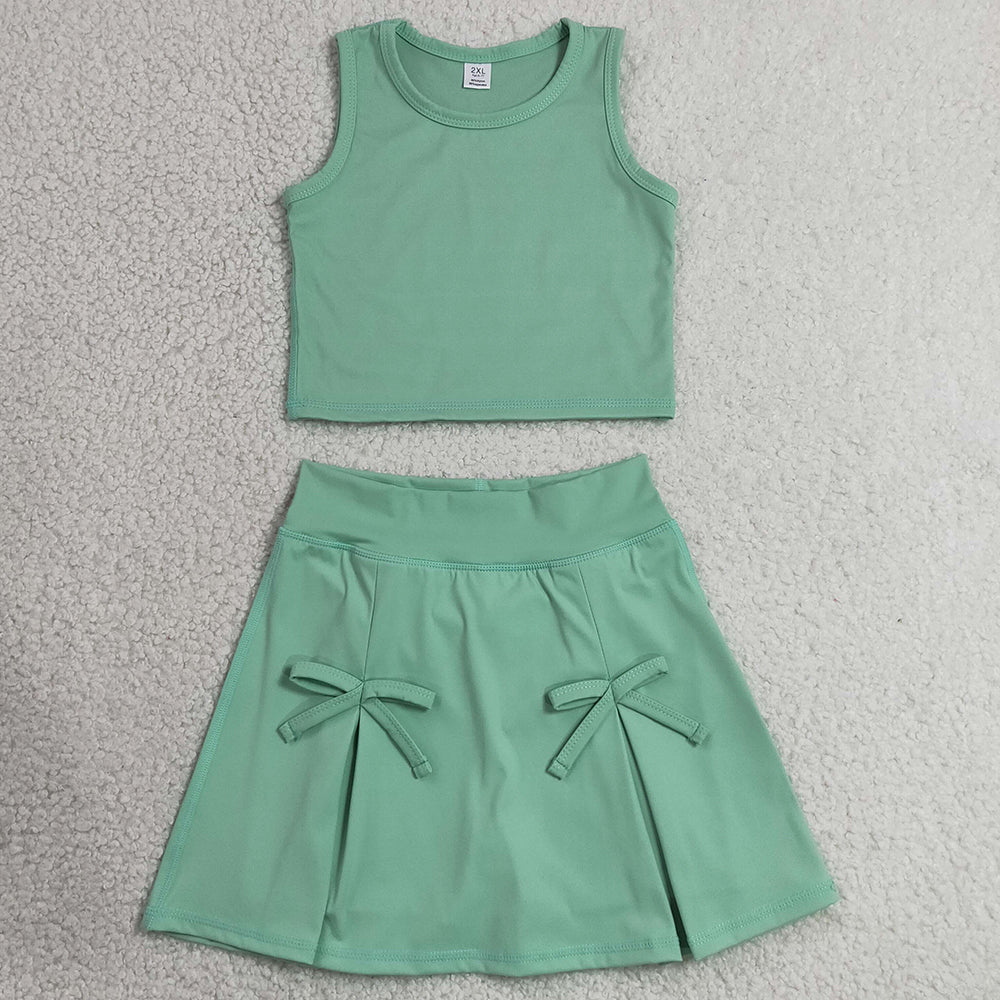 Baby Girls Clothes Green Vest Top Bows Skirt Shorts Yoga Active Clothes Set GSD3760