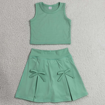 Baby Girls Clothes Green Vest Top Bows Skirt Shorts Yoga Active Clothes Set GSD3760