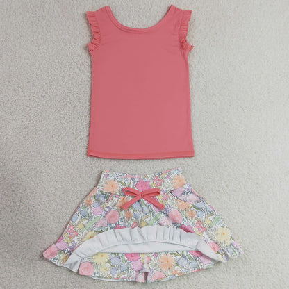 Baby Girls Clothes Peach Vest Colorful Floral Pockets Skirt Short Yoga Active Clothes Set GSD3772