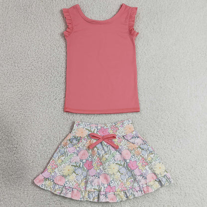 Baby Girls Clothes Peach Vest Colorful Floral Pockets Skirt Short Yoga Active Clothes Set GSD3772