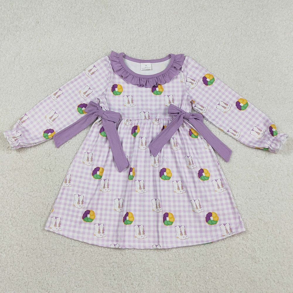 Baby Girls Dress Purple Checked Boots Donuts Bows Mardigras Knee Length Dresses GLD1379 12.10