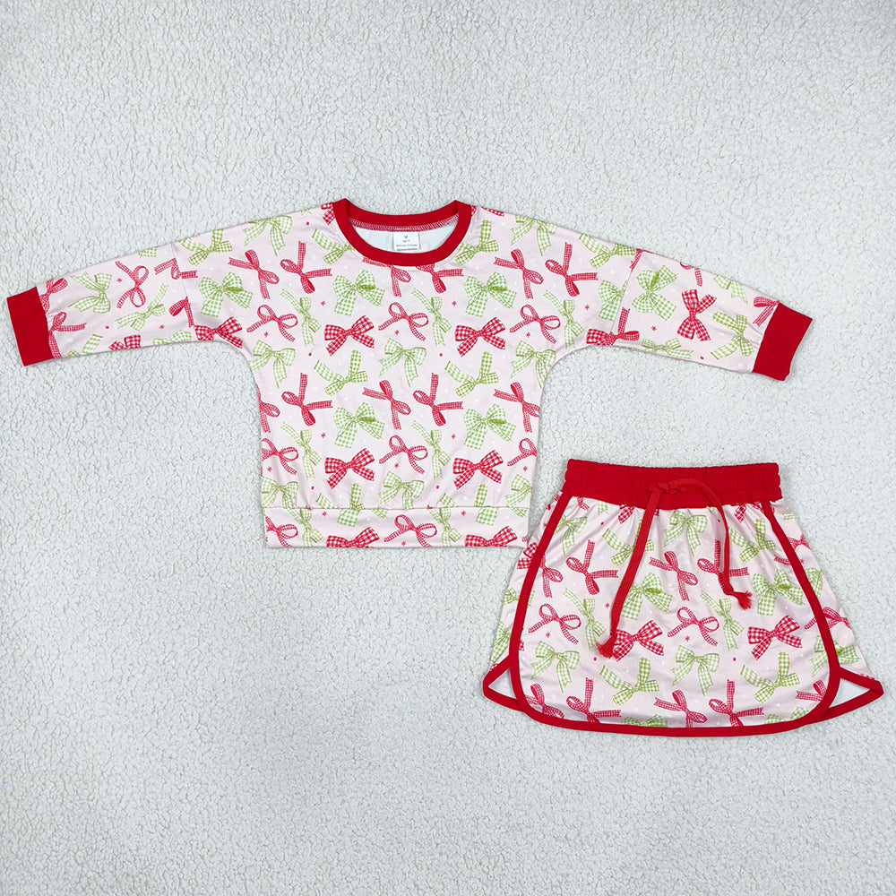 Baby Girls Red Green Bows Long Sleeve Top Skirt Short Clothes Sets GLD1774