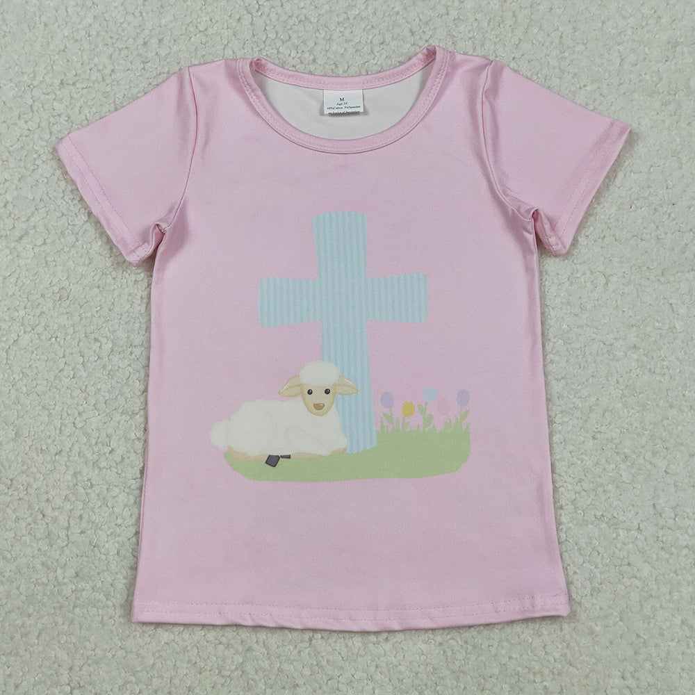 Baby Girls T-shirts Pink Short Sleeve Cross Sheep Easter T-shirts Top GT1394 12.2