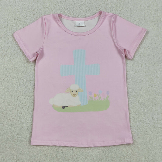 Baby Girls T-shirts Pink Short Sleeve Cross Sheep Easter T-shirts Top GT1394 12.2