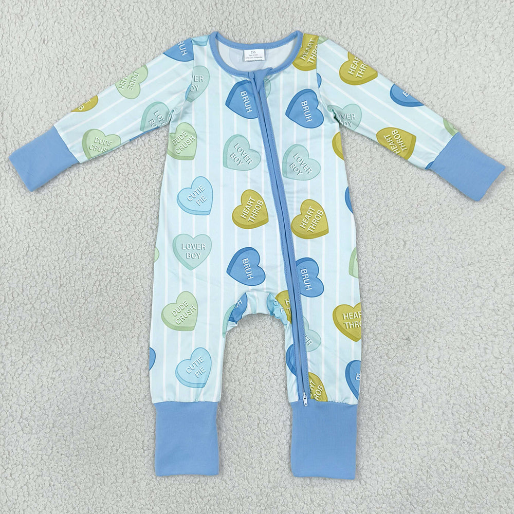 Baby Kids Rompers Blue Stripe LOVE YOU Hearts Valentines Two Way Zip Convertible Rompers LR3326
