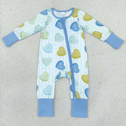 Baby Kids Rompers Blue Stripe LOVE YOU Hearts Valentines Two Way Zip Convertible Rompers LR3326